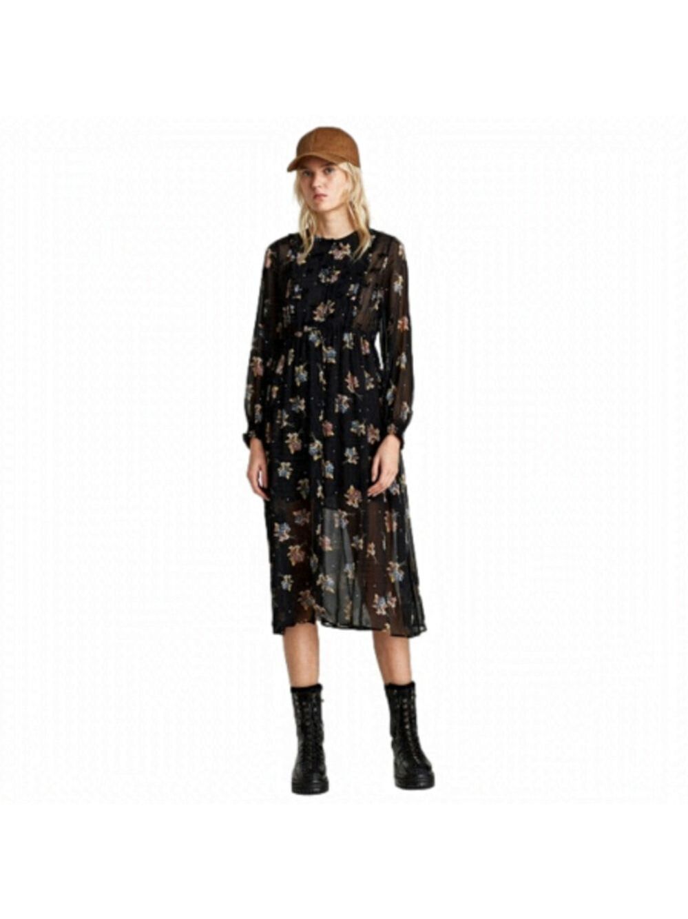 ZARA Black Floral Sheer Chiffon Dress, Midi Oversized Boho Smock Dress, small